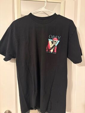 Obey Black Short-Sleeve Tee with Cyan & Red Graphic